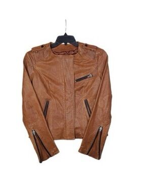 Kenna-T Brown Leather Biker Jacket Silk Lining sz L